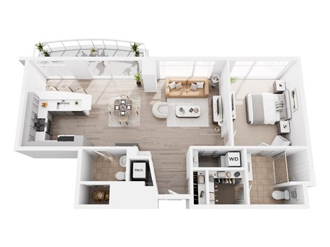 A white floor plan of a house with a kitchen, living room, and bathrooms.